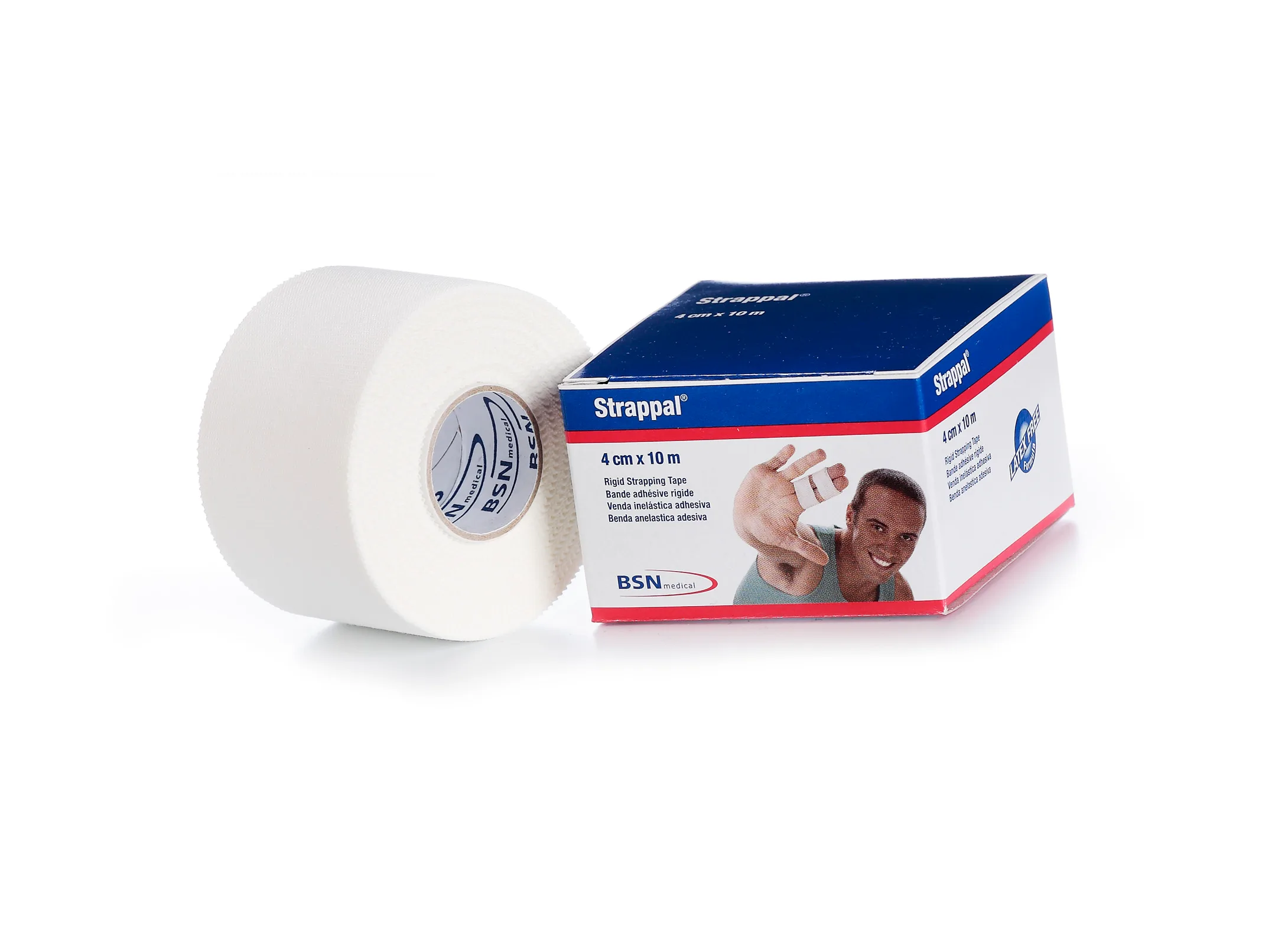 Présentation du produit Strappal®, une bande adhésive de contention rigide. L’image montre un rouleau de bande et sa boîte, avec un athlète illustrant son usage dans le traitement des pathologies articulaires et sportives.